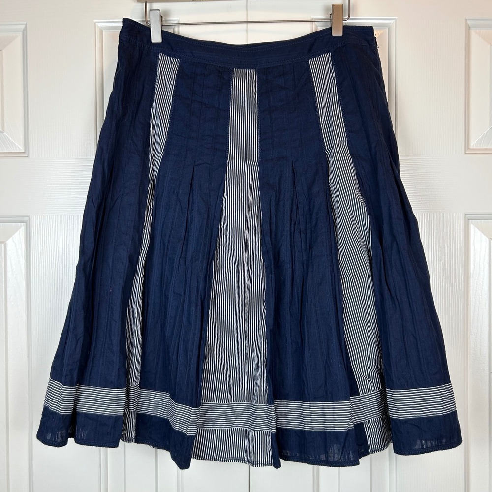 Y2K Jones New York Navy Blue Striped Pleated Cotton Midi Skirt Size 12